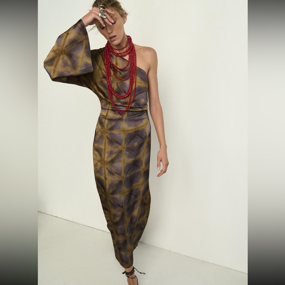 Zara limited edition printed asymmetric satin midi dress - Picture 1 of 7